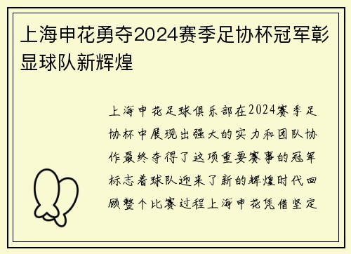 上海申花勇夺2024赛季足协杯冠军彰显球队新辉煌