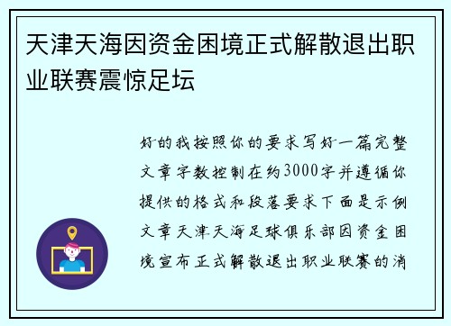 天津天海因资金困境正式解散退出职业联赛震惊足坛