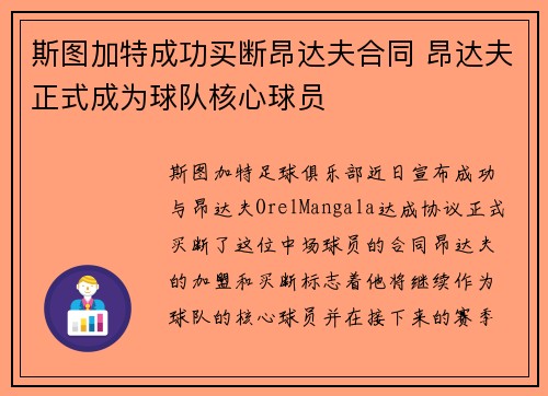 斯图加特成功买断昂达夫合同 昂达夫正式成为球队核心球员